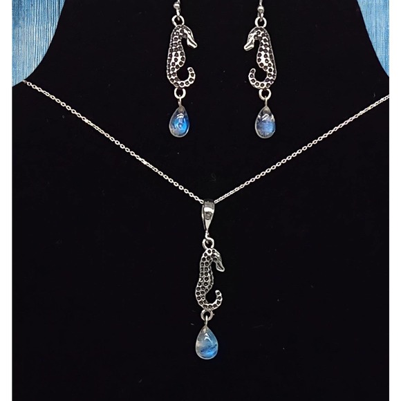 Sterling Silver Jewelry Set Seahorse Moonstone Earrings Necklace Pendant Chain - Picture 2 of 7